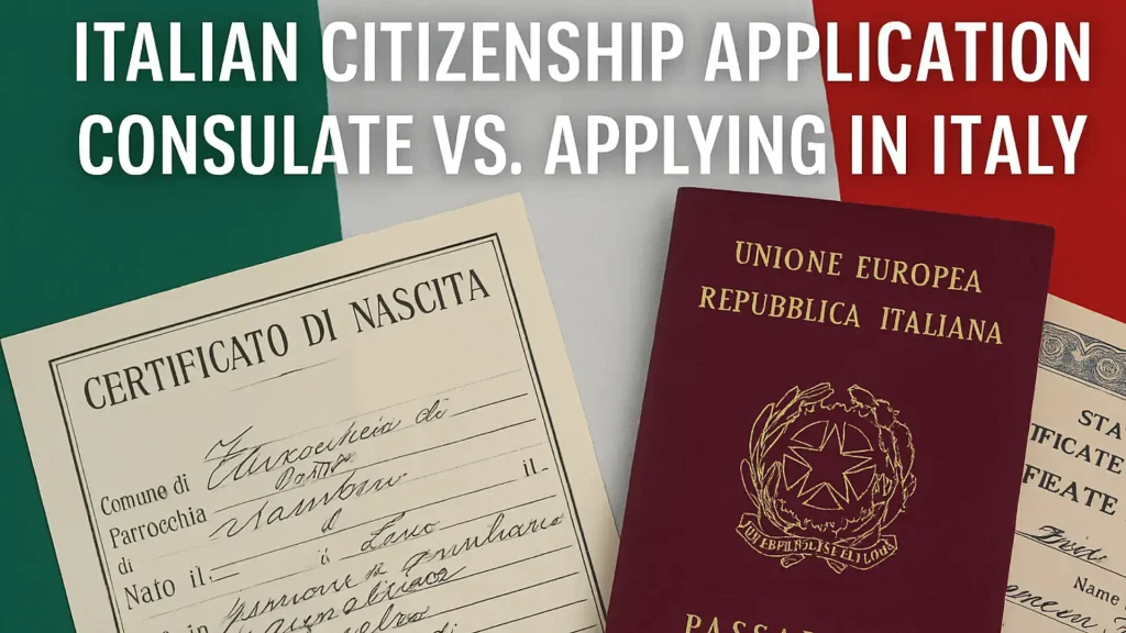Italian passport with birth and foreign certificates representing citizenship application at consulate vs in Italy