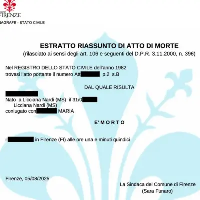 Official death certificate from Florence, Italy – genealogy research result
