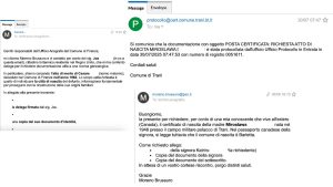 Example of successful Italian genealogy PEC request with response from Comune