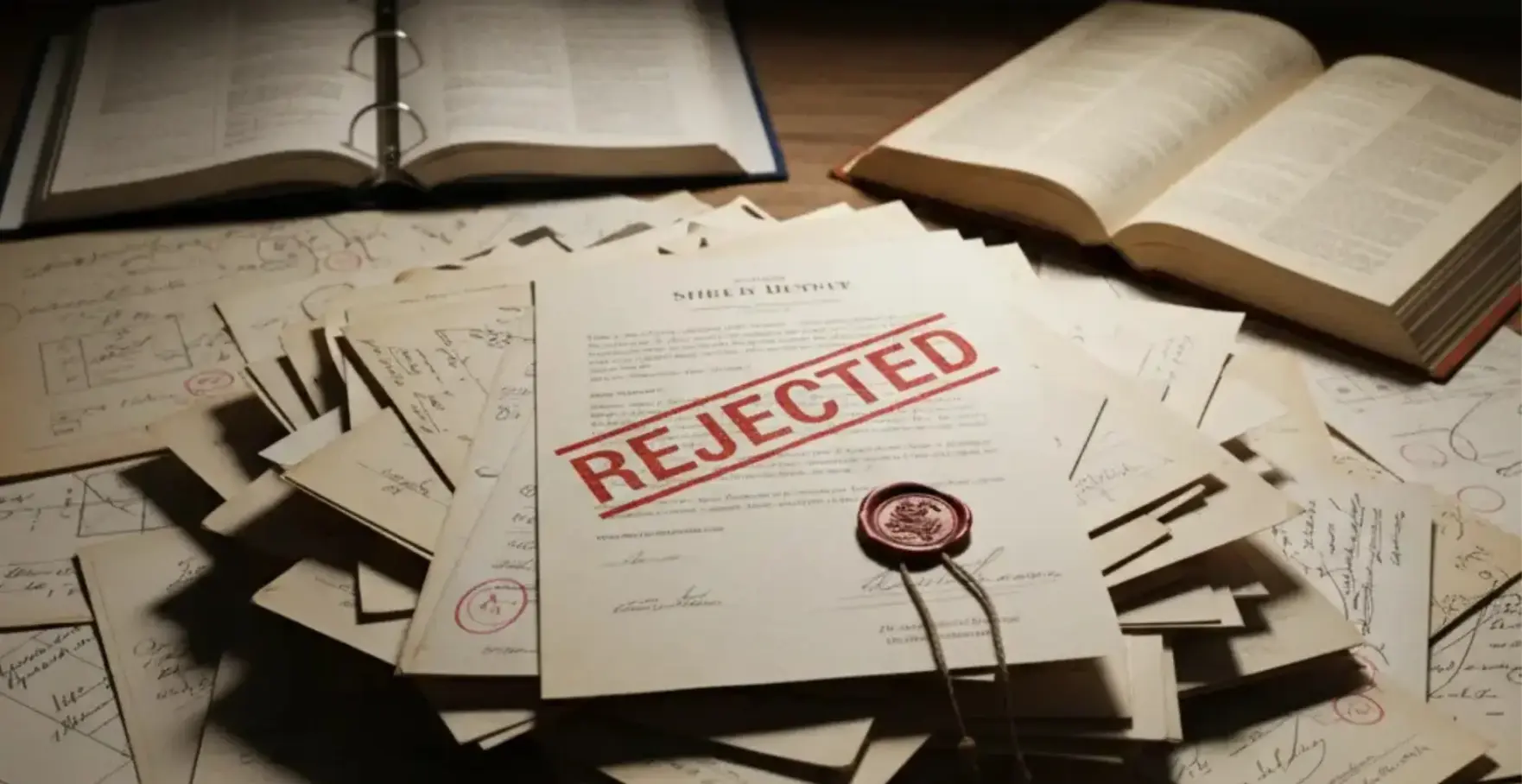 A stack of official documents on a desk, with the top paper stamped 'REJECTED' in red, symbolizing the common problems and roadblocks in a Jure Sanguinis application for Italian citizenship.