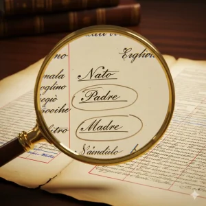 A magnifying glass highlighting key terms like 'Nato' and 'Padre' on an old Sicilian genealogical record, illustrating the need for a glossary for reading the documents.