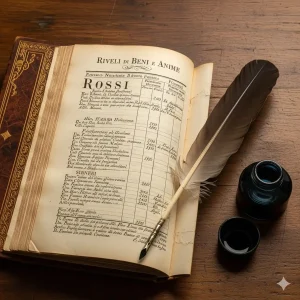 An antique book open to a page of a "Riveli di Beni e Anime," a type of Sicilian census record, showing a list of family members and assets for genealogy research.