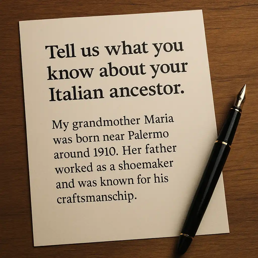 Sheet of paper with a handwritten Italian family story and a fountain pen on a wooden desk