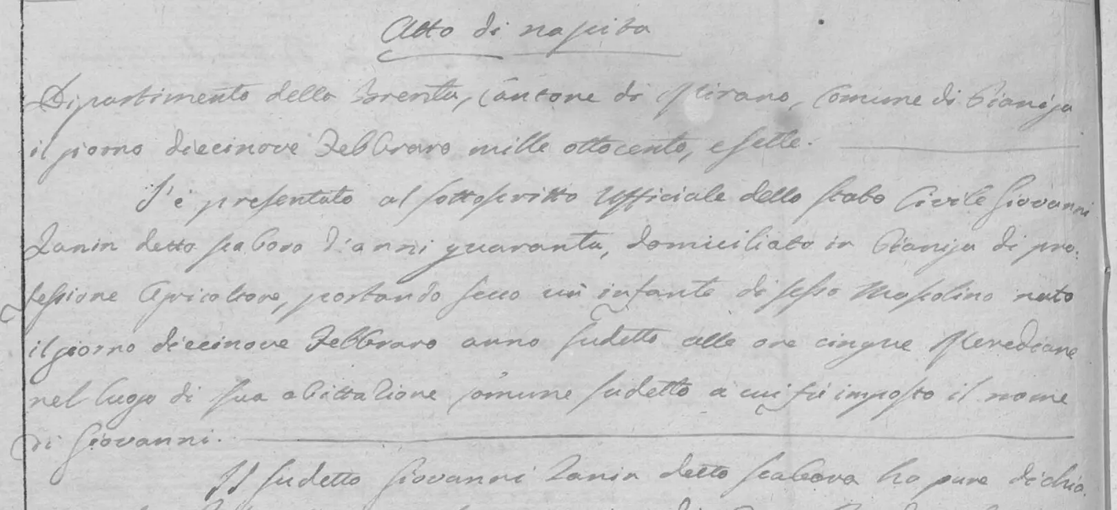 Example of an Italian birth record from 1807 showing handwritten details of parents, child, and witnesses.