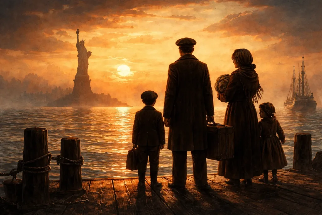 Italian immigrant family on a dock looking at the Statue of Liberty — minor age issue Italian citizenship