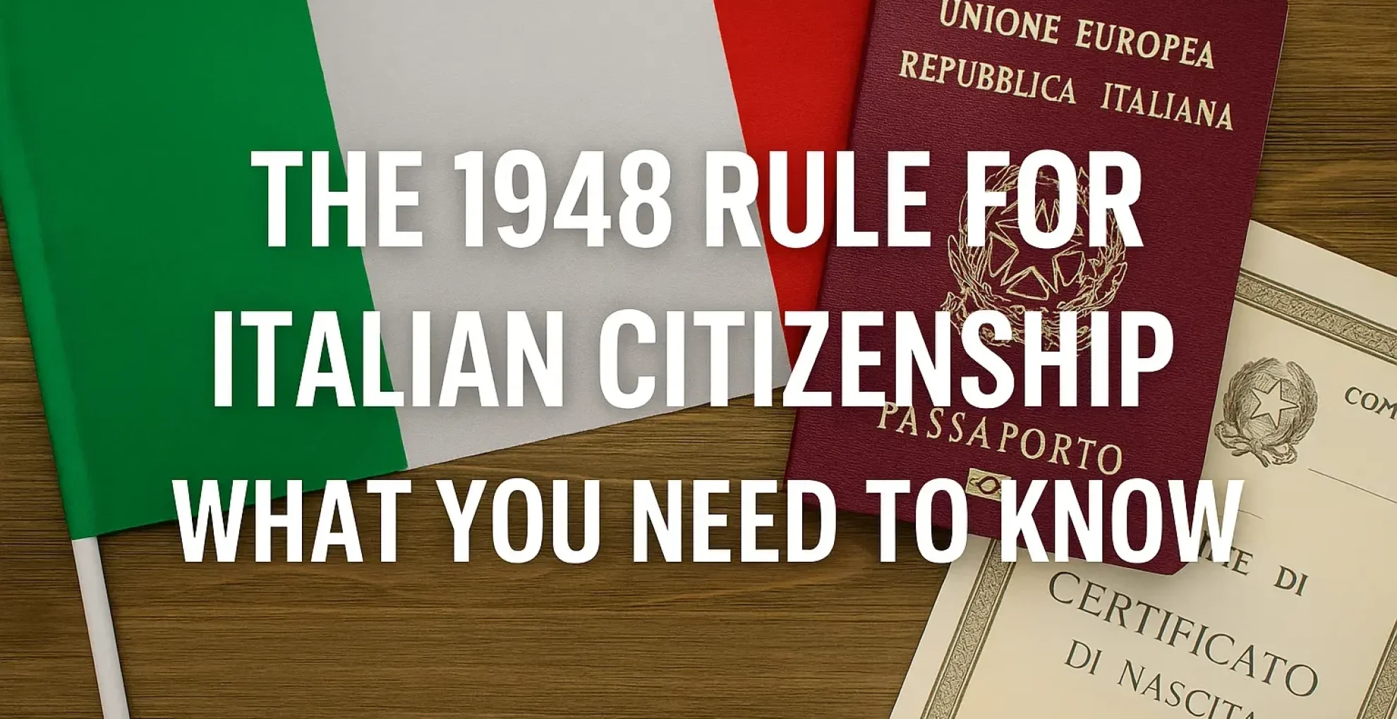 Italian passport, flag, and birth certificate representing the 1948 rule for Italian citizenship